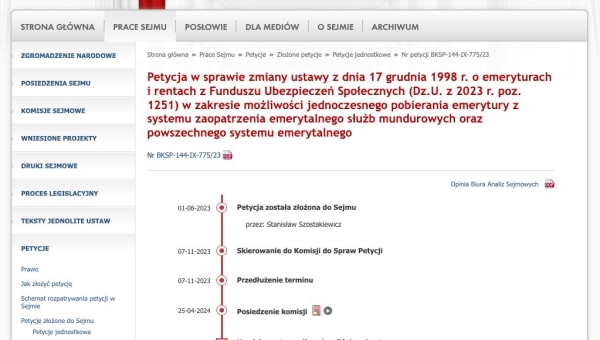 11 - 06 - 2024 - Petycja w sprawie zmiany ustawy z dnia 17 grudnia 1998 r. o emeryturach i rentach z Funduszu Ubezpieczeń Społecznych (Dz.U. z 2023 r. poz. 1251) w zakresie możliwości jednoczesnego pobierania emerytury z systemu zaopatrzenia emerytalnego 