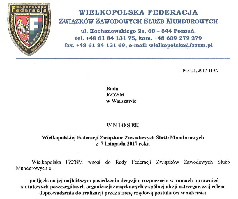 07 - 11 - 2017 - WNIOSEK I OŚWIADCZENIE WIELKOPOLSKIEJ FEDERACJI ZWIĄZKÓW ZAWODOWYCH SŁUŻB MUNDUROWYCH w sprawie zarzutów BSW p-ko działaczom ZW NSZZ P woj. wlkp. przekazanych dziennikowi Super Express (...)