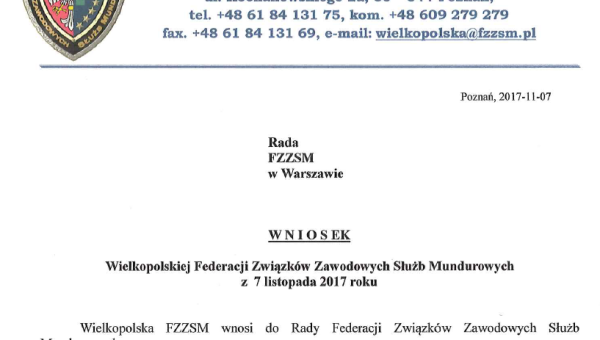 07 - 11 - 2017 - WNIOSEK I OŚWIADCZENIE WIELKOPOLSKIEJ FEDERACJI ZWIĄZKÓW ZAWODOWYCH SŁUŻB MUNDUROWYCH w sprawie zarzutów BSW p-ko działaczom ZW NSZZ P woj. wlkp. przekazanych dziennikowi Super Express (...)